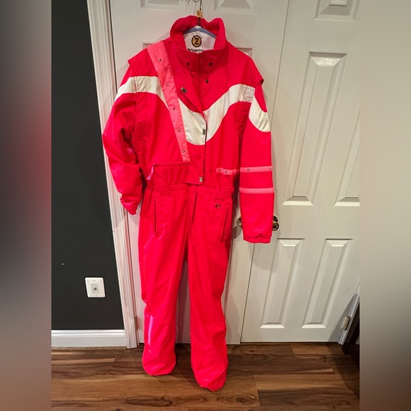 1980s Obermeyer Ski Suit Womens Snowsuit One Piece Gore Tex Neon Snow Bib Vtg 12 - Picture 2 of 8